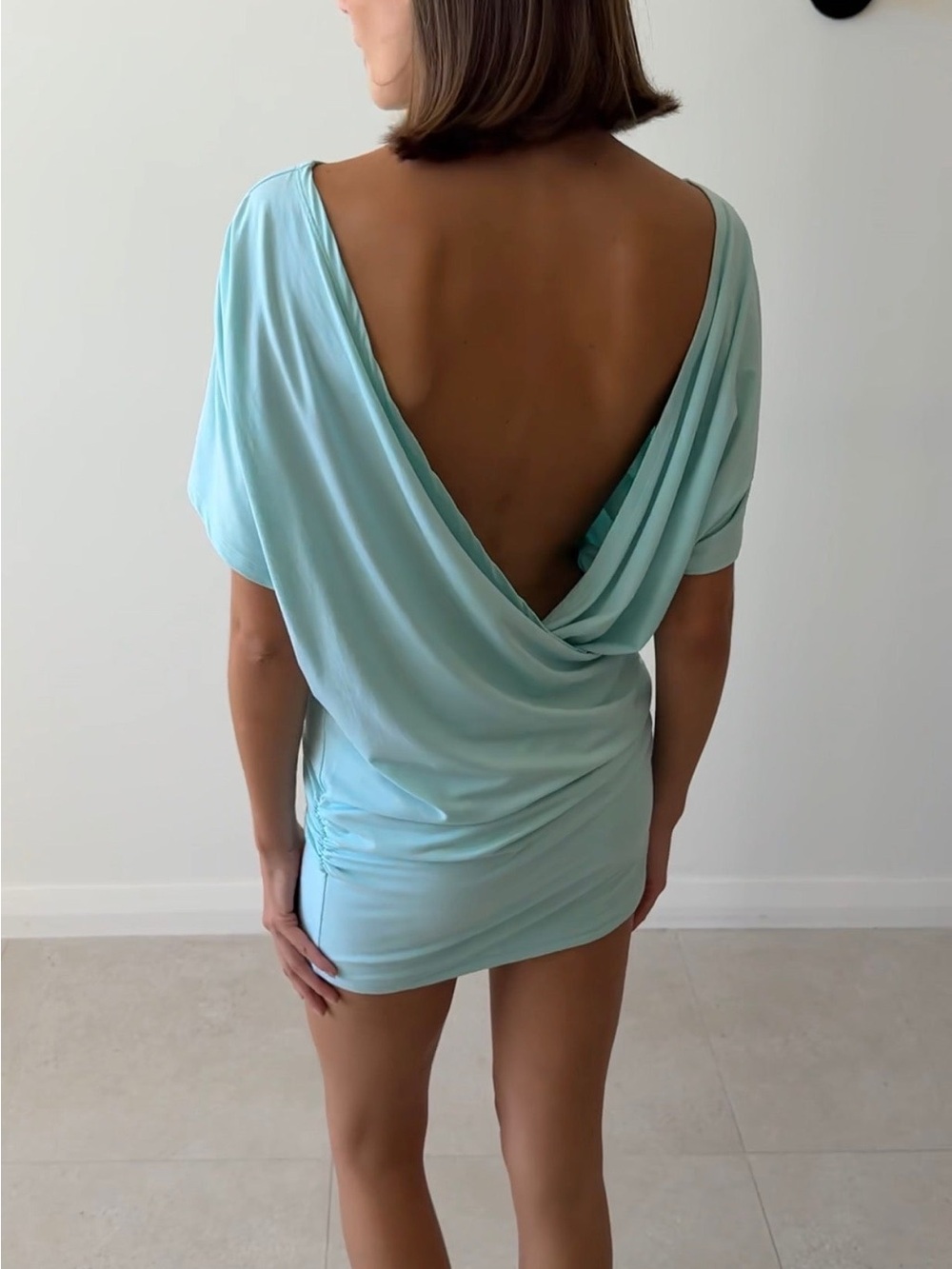 Open-Back Mini Dress in Mint Blue